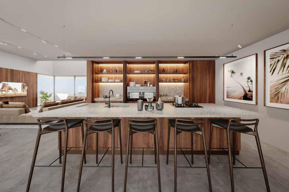 ST House, Santo Tirso: render of a long kitchen counter with stools in front of lit shelving and wall cabinets