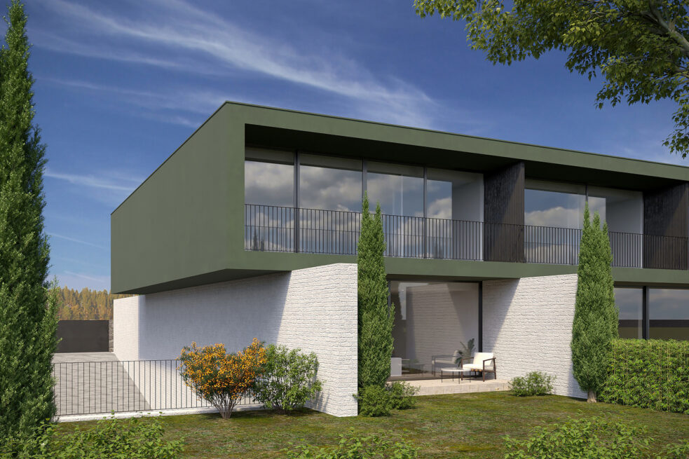 Vila do Conde Houses: render of the end house, its green-edged upper volume projecting over the light ground floor