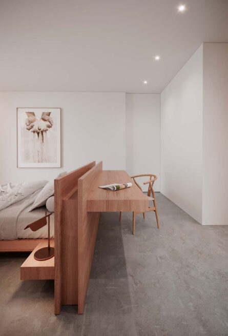 CC House, Marco de Canaveses: desk set behind the wooden headboard of a bedroom, rendered in soft daylight