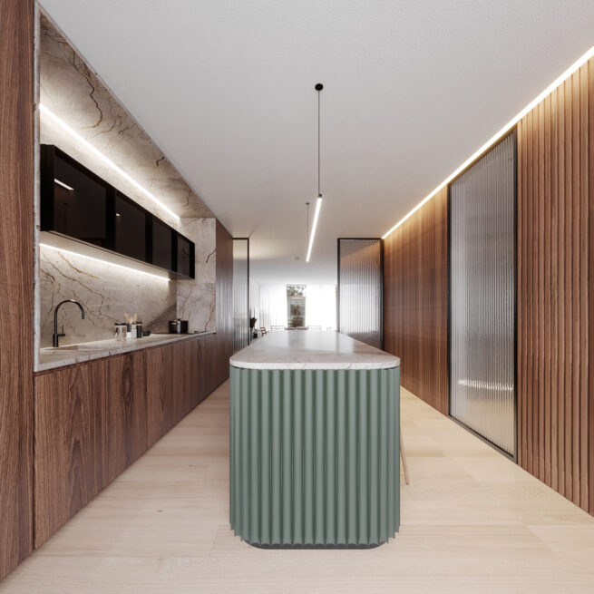 Kitchen visualisation of Chieiras House in Vila Nova de Gaia with a pale green island between wood-lined walls