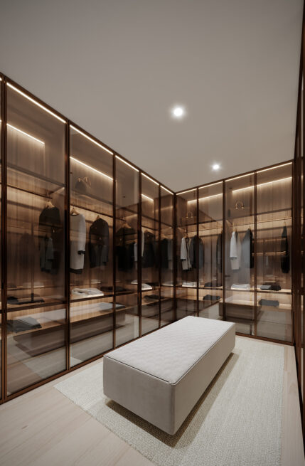 Paranhos House, Porto: render of a dressing room with glass-fronted wardrobes and a central upholstered bench