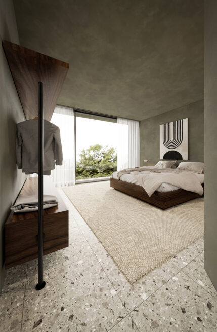 Guest House 207, Paredes: render of a bedroom seen past a clothes rail, a window opening to trees beyond the bed