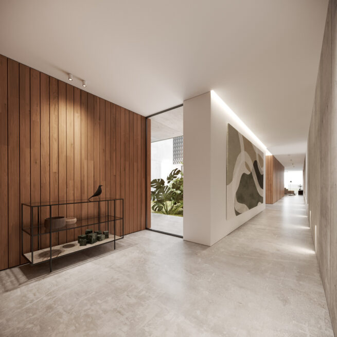 HU1950, Vila Nova de Gaia: render of a hallway with a console against panelled walls and a doorway opening to a lit room