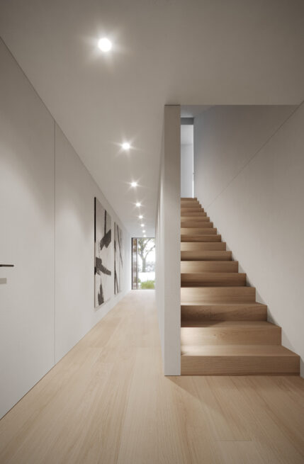 Chieiras House, Vila Nova de Gaia: render of a white hallway with a wooden staircase rising along the wall