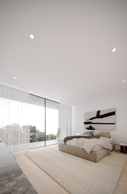 Paranhos House, Porto: render of a bedroom with a large bed and sheer curtains over floor-to-ceiling glazing