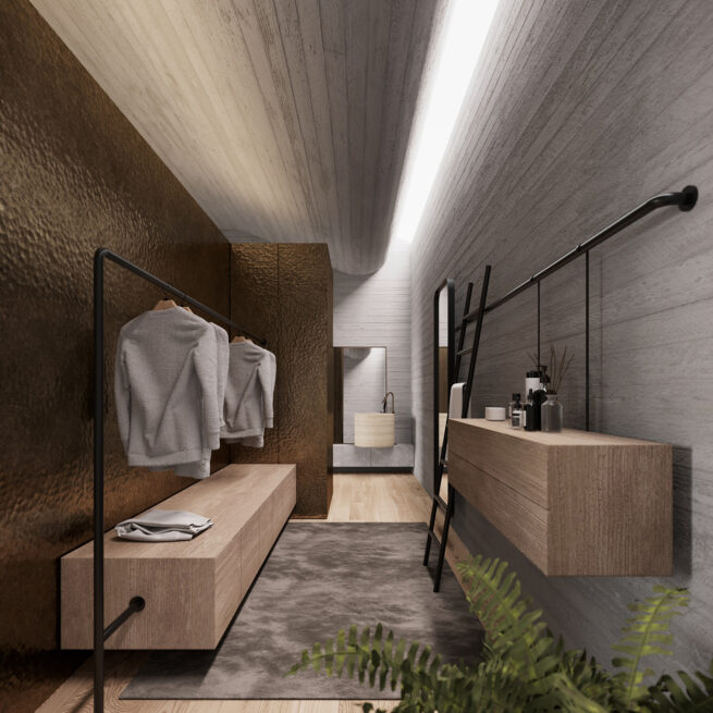 Areal House, Matosinhos: dressing area render with open clothes rails, a wooden bench and a light slot along the ceiling