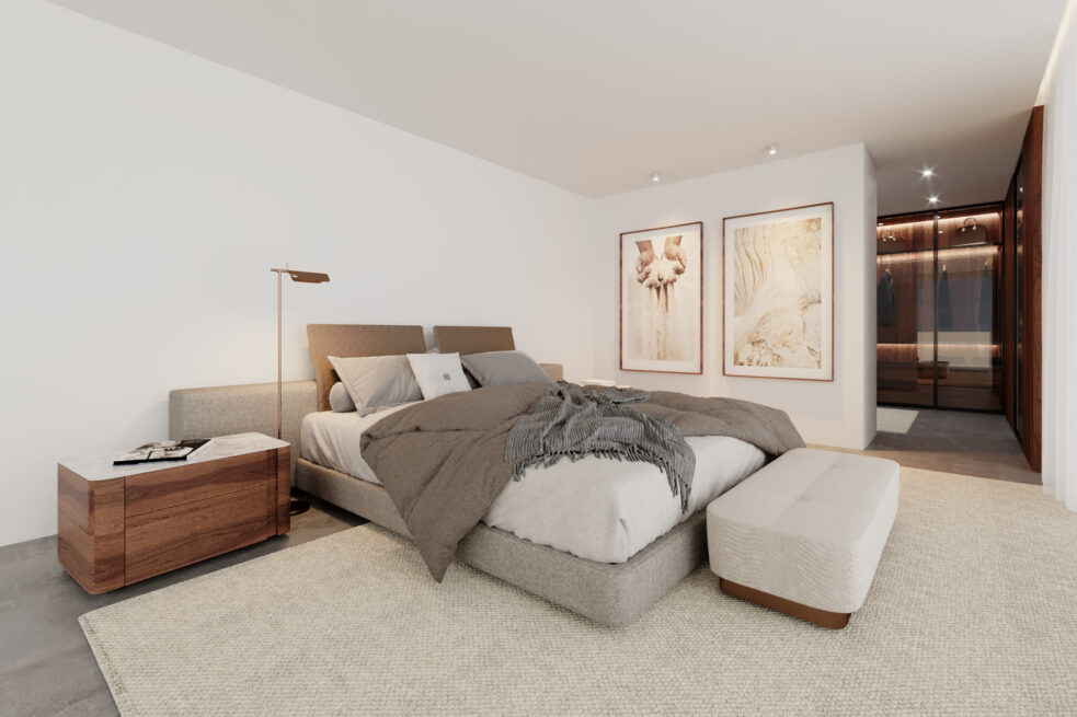 Render of the main bedroom of ST House in Santo Tirso with a bed, upholstered ottoman and framed prints