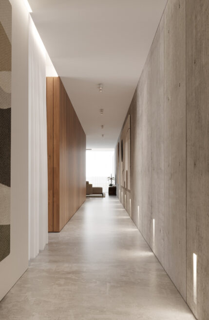 HU1950, Vila Nova de Gaia: render of a long corridor between a grey wall and warm-toned panelling, lit by wall washers