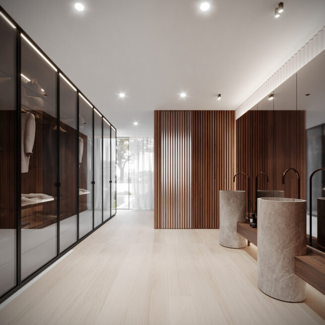 Chieiras House, Vila Nova de Gaia: bathroom render with two pedestal basins, a slatted wood wall and a glazed wardrobe
