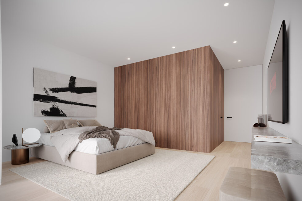 Paranhos House, Porto: render of a bedroom with a panelled volume behind the bed and a black and white painting