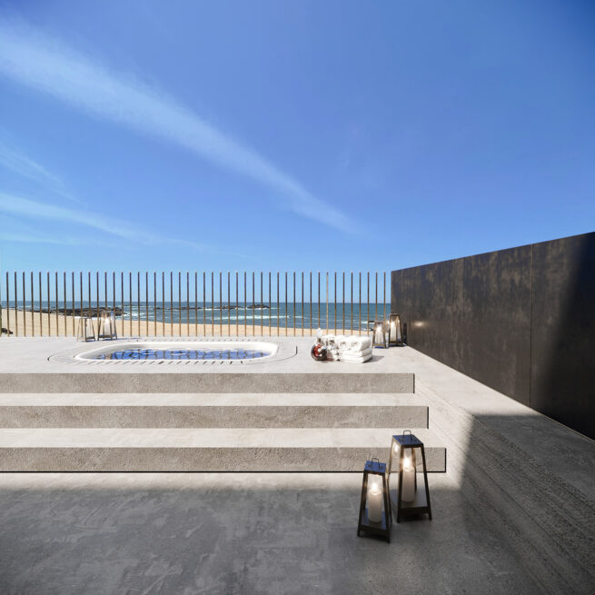 Rooftop terrace render of Areal House in Matosinhos with a round plunge pool and a view over the beach and sea