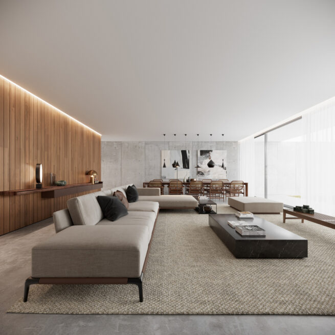 HU1950, Vila Nova de Gaia: render of a large living room with low sofas and a dark coffee table on a textured rug