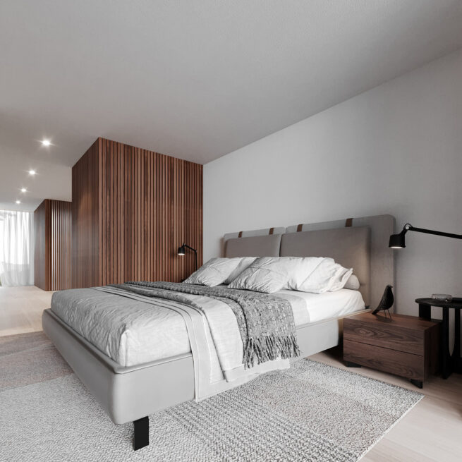 Chieiras House, Vila Nova de Gaia: bedroom render with an upholstered bed, wooden bedside table and wood-panelled wall