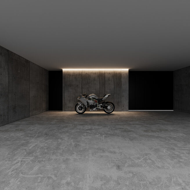 Paranhos House, Porto: render of a dark garage with grey walls and a single motorcycle under a strip of light