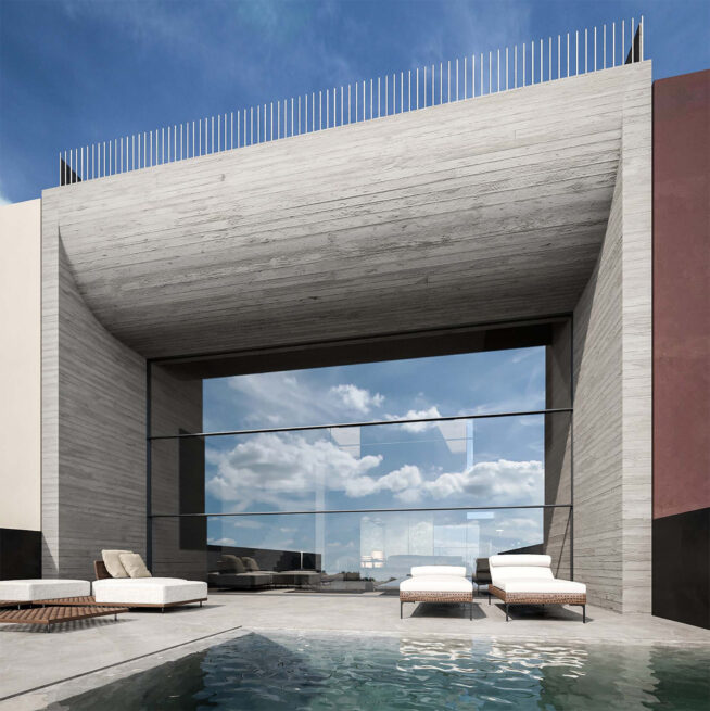 Areal House, Matosinhos: render of the grey facade framing the sky in a large opening, a pool and loungers in front