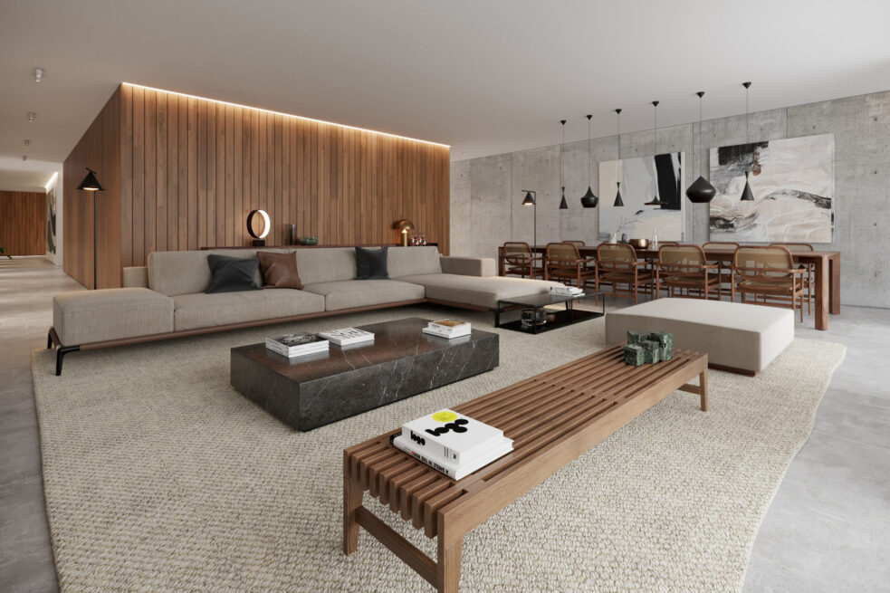 HU1950, Vila Nova de Gaia: render of a lounge with a long bench and sofas, the dining area and kitchen behind