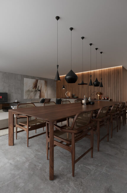 HU1950, Vila Nova de Gaia: render of a long dining table with dark pendant lights hanging above