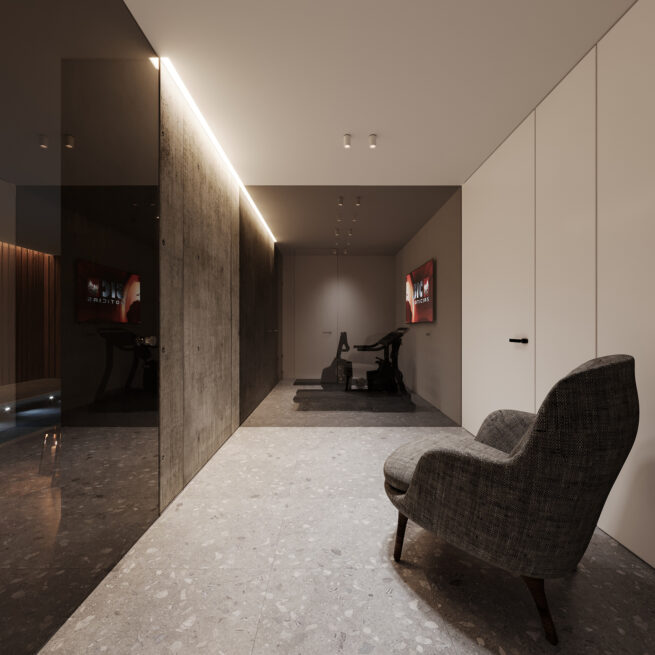 Paranhos House, Porto: render of a dark lounge corridor with an armchair and a gym visible at the end