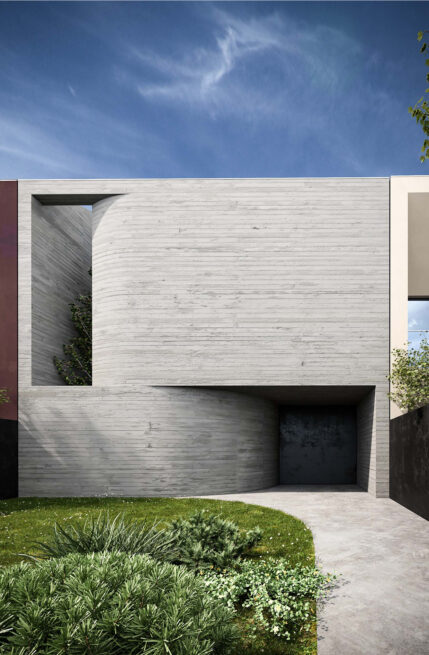 Areal House, Matosinhos: street-side render of the closed grey volume with small openings above a planted entrance