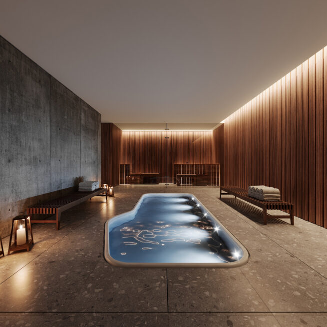 Paranhos House: render of a spa room in the Porto house with a small pool set into the floor and panelled walls