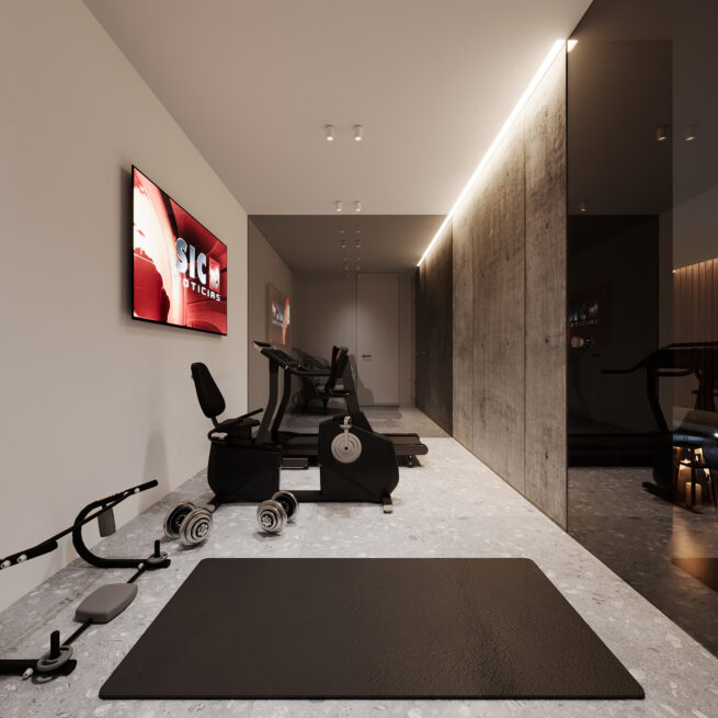 Paranhos House, Porto: render of a home gym with exercise equipment, a floor mat and a wall-mounted screen