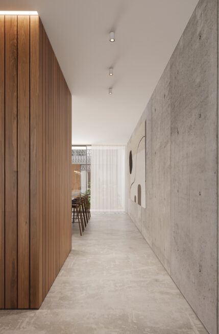 HU1950, Vila Nova de Gaia: render of a narrow passage between a grey wall and a panelled volume toward a bright window