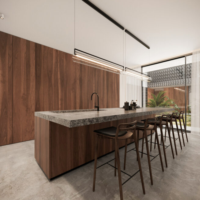 HU1950, Vila Nova de Gaia: render of a kitchen island with high stools and a black linear pendant, glazing on the right