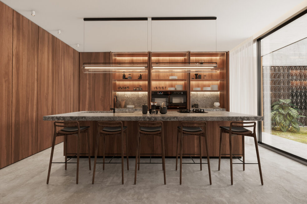 HU1950, Vila Nova de Gaia: render of a kitchen with a long island and lit open shelving set into a panelled wall