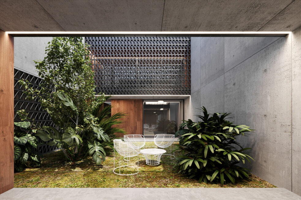 HU1950, Vila Nova de Gaia: render of an inner courtyard with tropical plants and white chairs, the perforated screen above