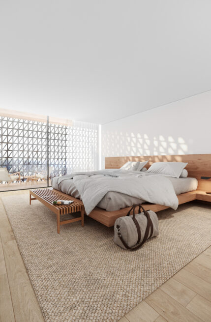 HU1950, Vila Nova de Gaia: render of a bedroom with a low bed facing a perforated screen that filters the daylight