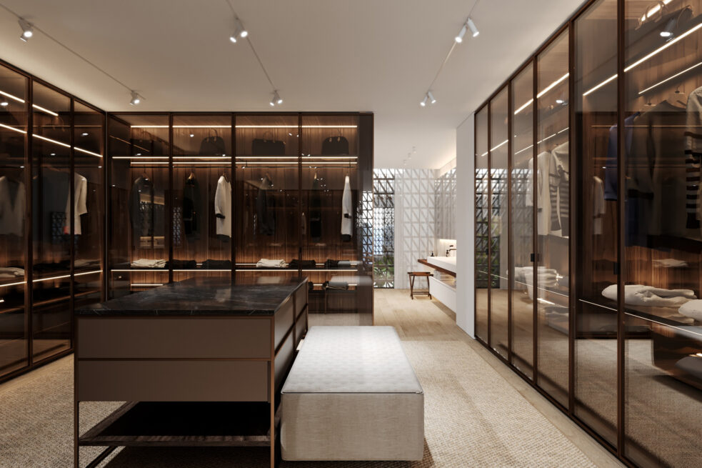 HU1950, Vila Nova de Gaia: render of a dressing room with dark glass-fronted wardrobes and a central island