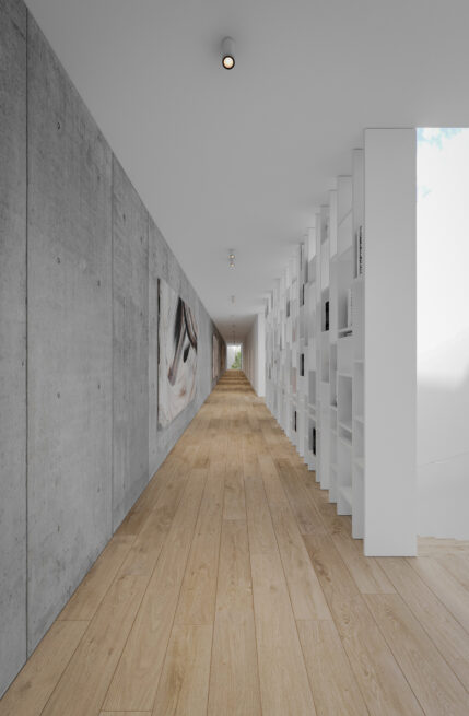 HU1950, Vila Nova de Gaia: render of a long corridor with a light floor, grey wall and white shelving niches