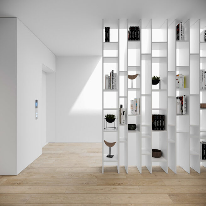HU1950, Vila Nova de Gaia: render of a white hall with a tall open shelving unit holding books and objects