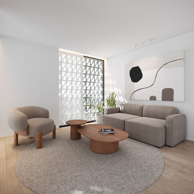 HU1950, Vila Nova de Gaia: render of a living room with rounded armchairs and a sofa beside a perforated white screen