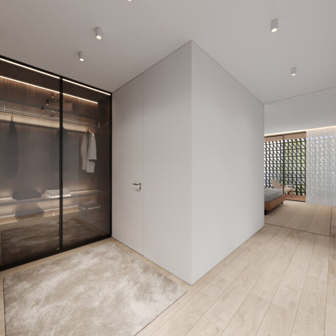 HU1950, Vila Nova de Gaia: render of a hall with a dark glass wardrobe and a white wall leading into a bedroom
