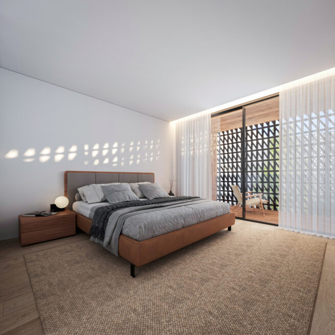 HU1950, Vila Nova de Gaia: render of a bedroom with an upholstered bed and curtained glazing beside a perforated wall