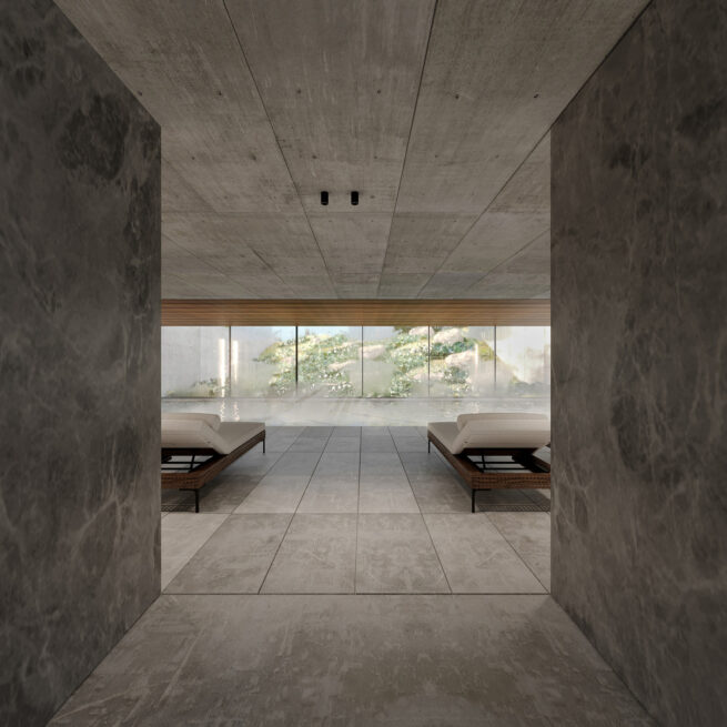 HU1950, Vila Nova de Gaia: render of an opening between two dark walls framing a pool hall with loungers