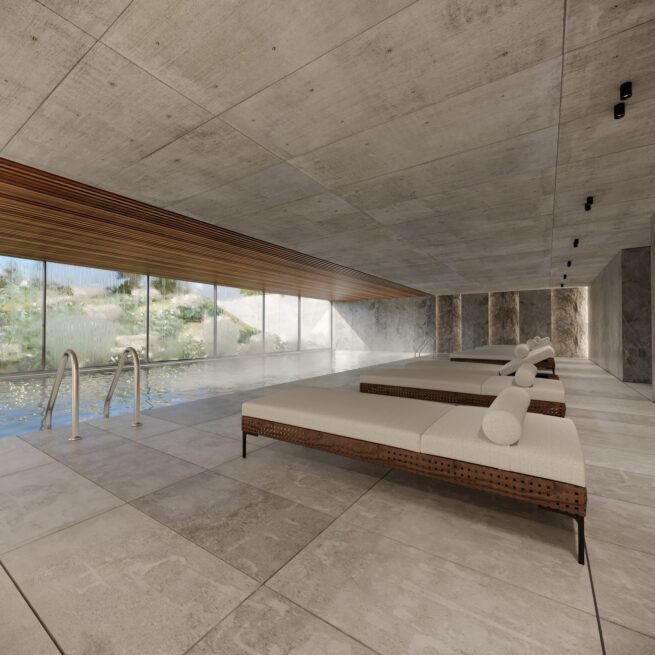 HU1950, Vila Nova de Gaia: render of an indoor pool with loungers beneath a grey ceiling and a long glazed wall to the garden