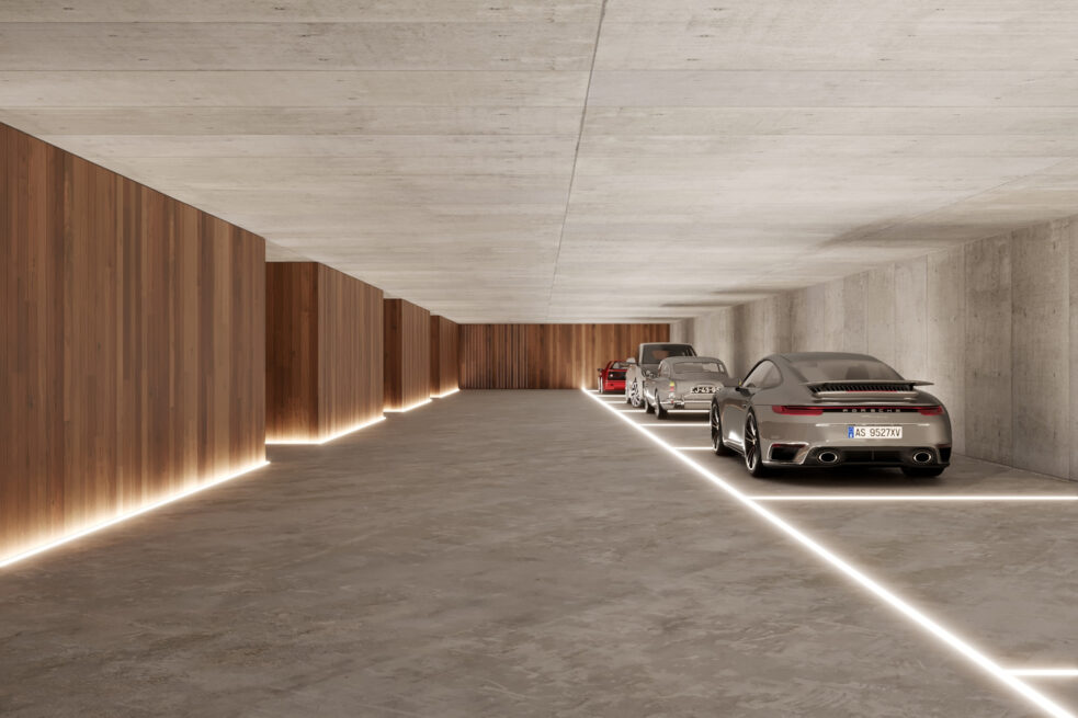 HU1950, Vila Nova de Gaia: render of an underground garage with parked cars and a lit floor strip along a panelled wall