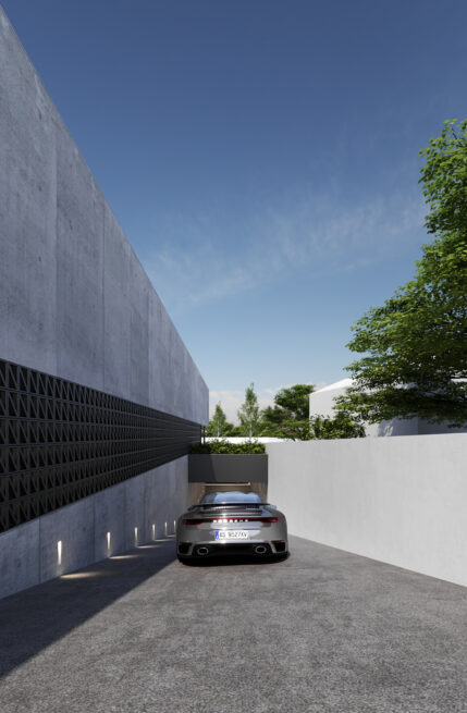 HU1950, Vila Nova de Gaia: render of the ramp down to the garage between a grey wall and a white base, a car below